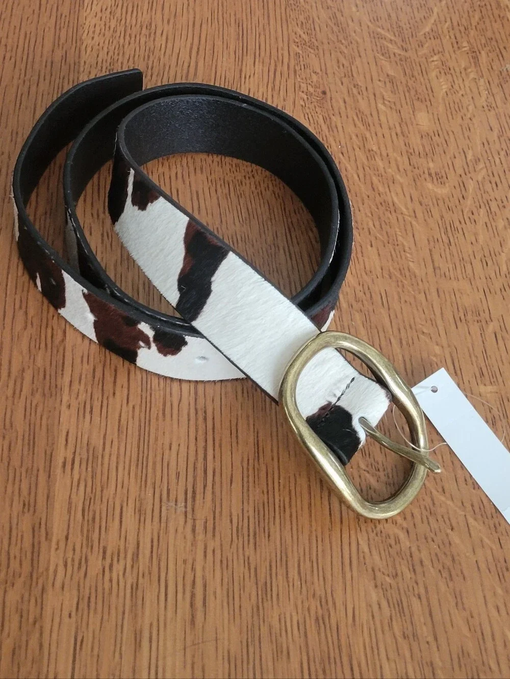 Madewell Oval Buckle Belt - Calfhair Cow Print - white, black, brown